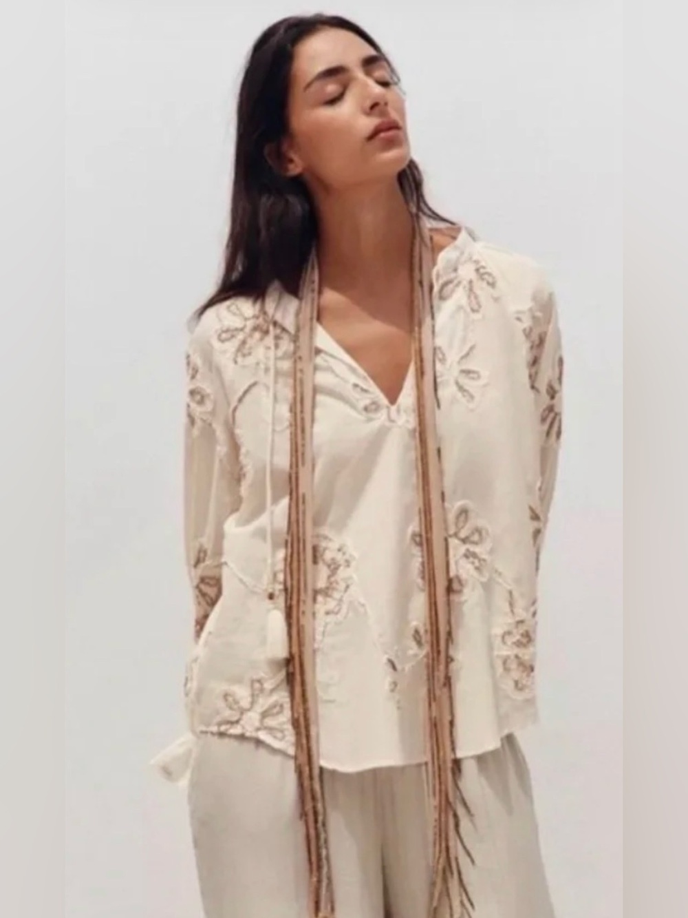 Zara Embroidered Blouse Breezy Textured Floral Top Ecru Size Small Oversized